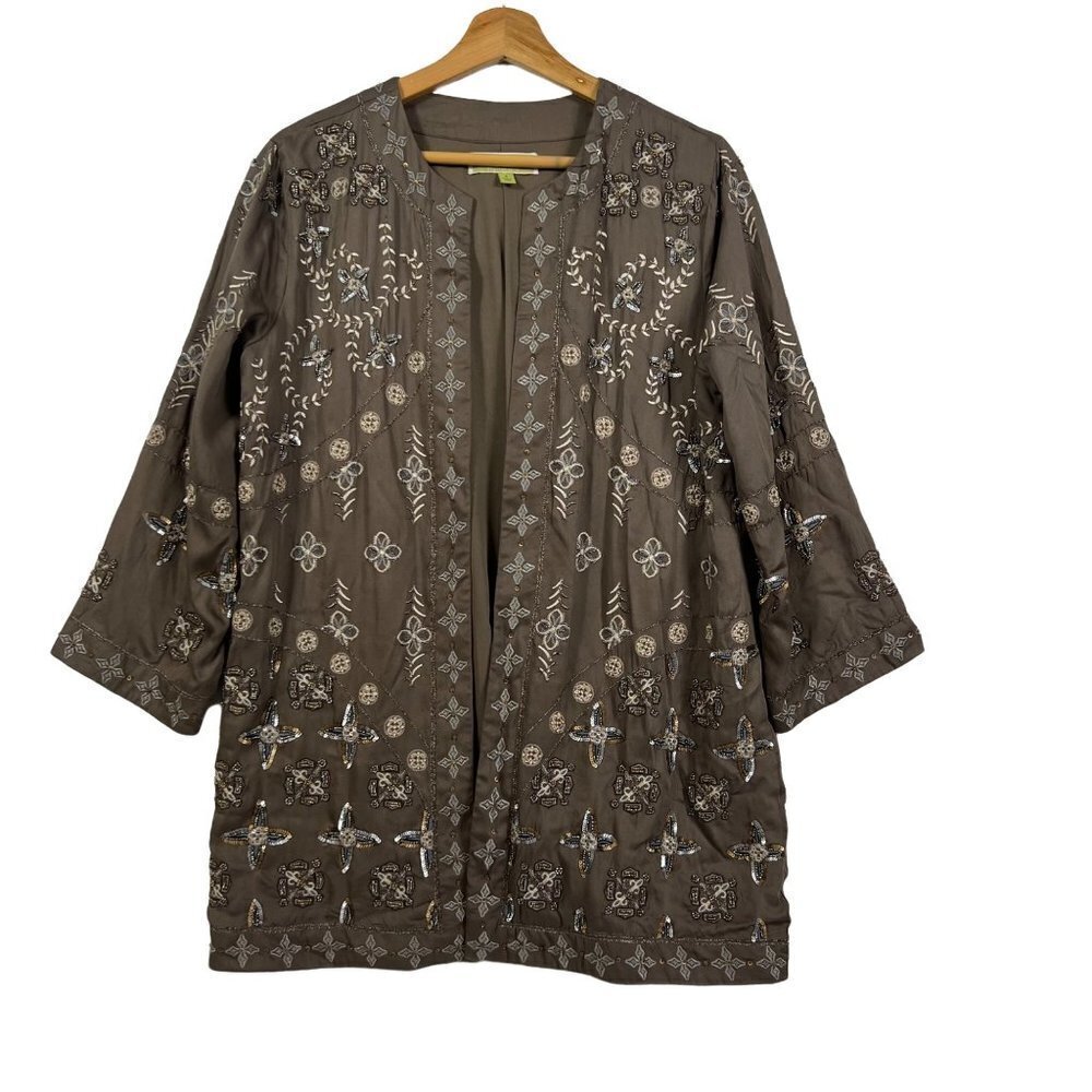 𝅺SIGRID Olsen Brown Jacket Top Beaded Embroidered Open Front size Small